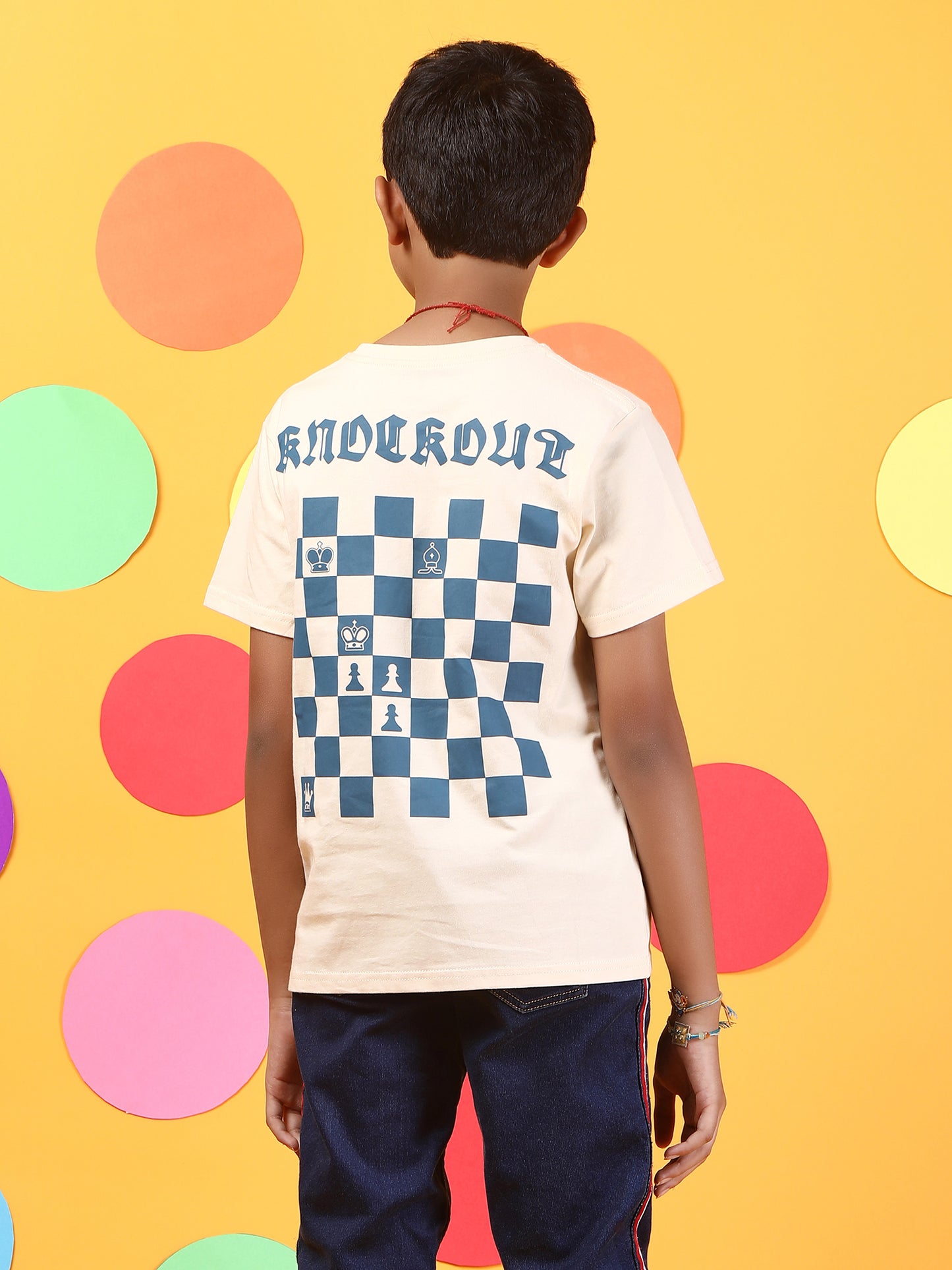 Kids Printed T-Shirts - Unisex 100% Cotton Off White Tee with Chess pattern