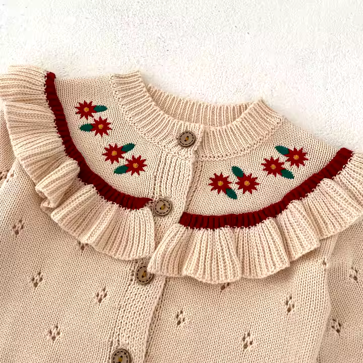 100% Cotton Baby Knit Cardigan - Embroidery & Ruffled Details