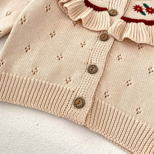 100% Cotton Baby Knit Cardigan - Embroidery & Ruffled Details