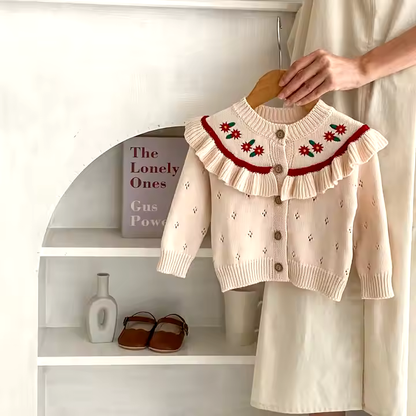 100% Cotton Baby Knit Cardigan - Embroidery & Ruffled Details