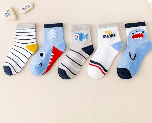 Comfortable and Premium Kid's Cotton Crew Socks - Baby Shark Series (Pack of 5)