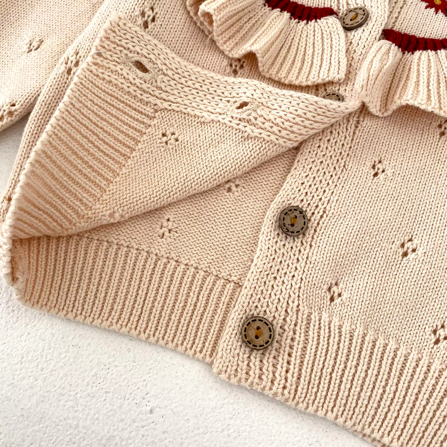 100% Cotton Baby Knit Cardigan - Embroidery & Ruffled Details