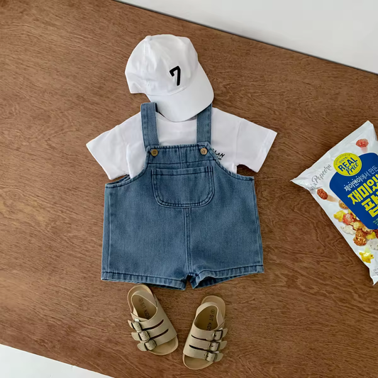 Trendy Boys Cotton 2pcs Sets with Denim Dungaree