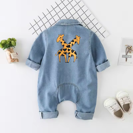 Adorable Baby Denim Jumpsuit with Giraffe Print