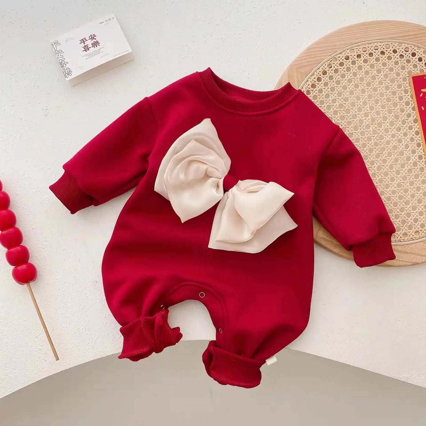 Soft Fleece Baby Romper with Adorable Bow in Red