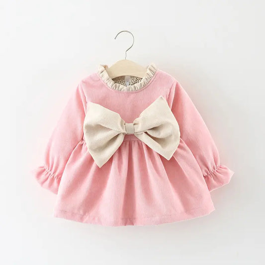 Adorable Baby Girl Bowknot Corduroy Winter Dress - Pink