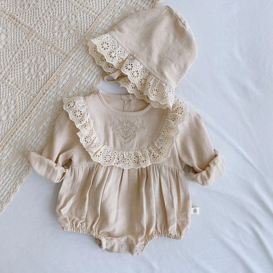 Pure Elegance: Embroidered Romper with Cap and Pure Cotton Comfort