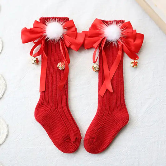 Red Partywear Knee-High Socks for Baby Girls with bells!