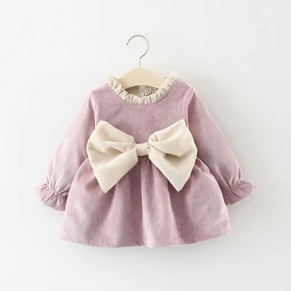 Adorable Baby Girl Bowknot Corduroy Winter Dress - Purple