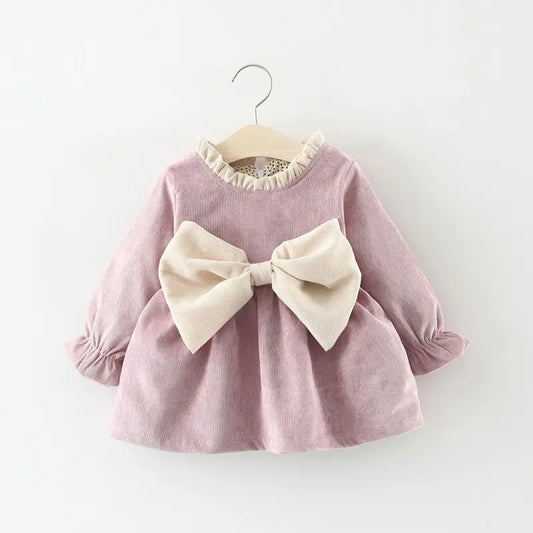 Adorable Baby Girl Bowknot Corduroy Dress - Purple