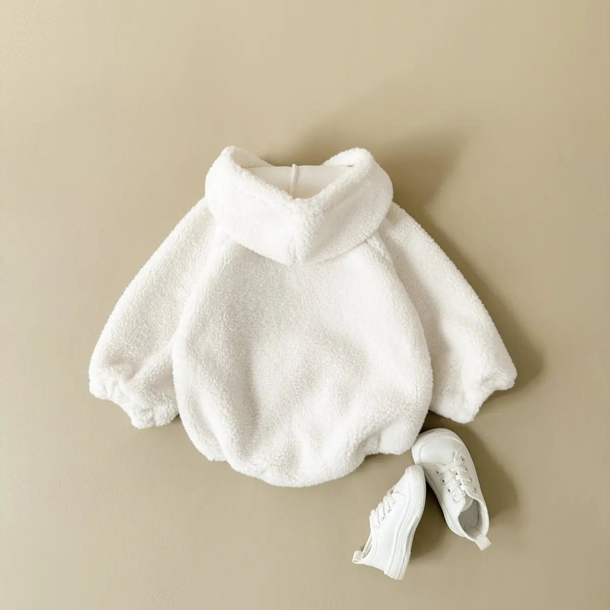 Lamb Wool Furry Infant Hooded Bodysuit – Warm & Embroidered Winter Romper