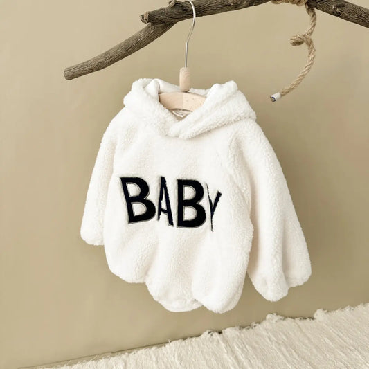 Lamb Wool Furry Infant Hooded Bodysuit – Warm & Embroidered Winter Romper