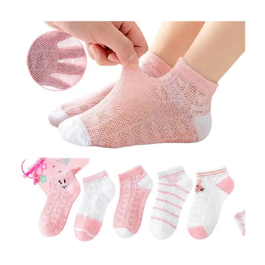Comfortable, Breathable and Mesh design Kid's Mesh Cotton Ankle Socks- Pink (Pack of 5)