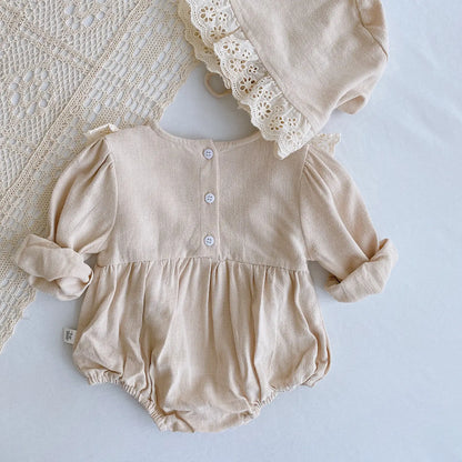 Pure Elegance: Embroidered Romper with Cap and Pure Cotton Comfort