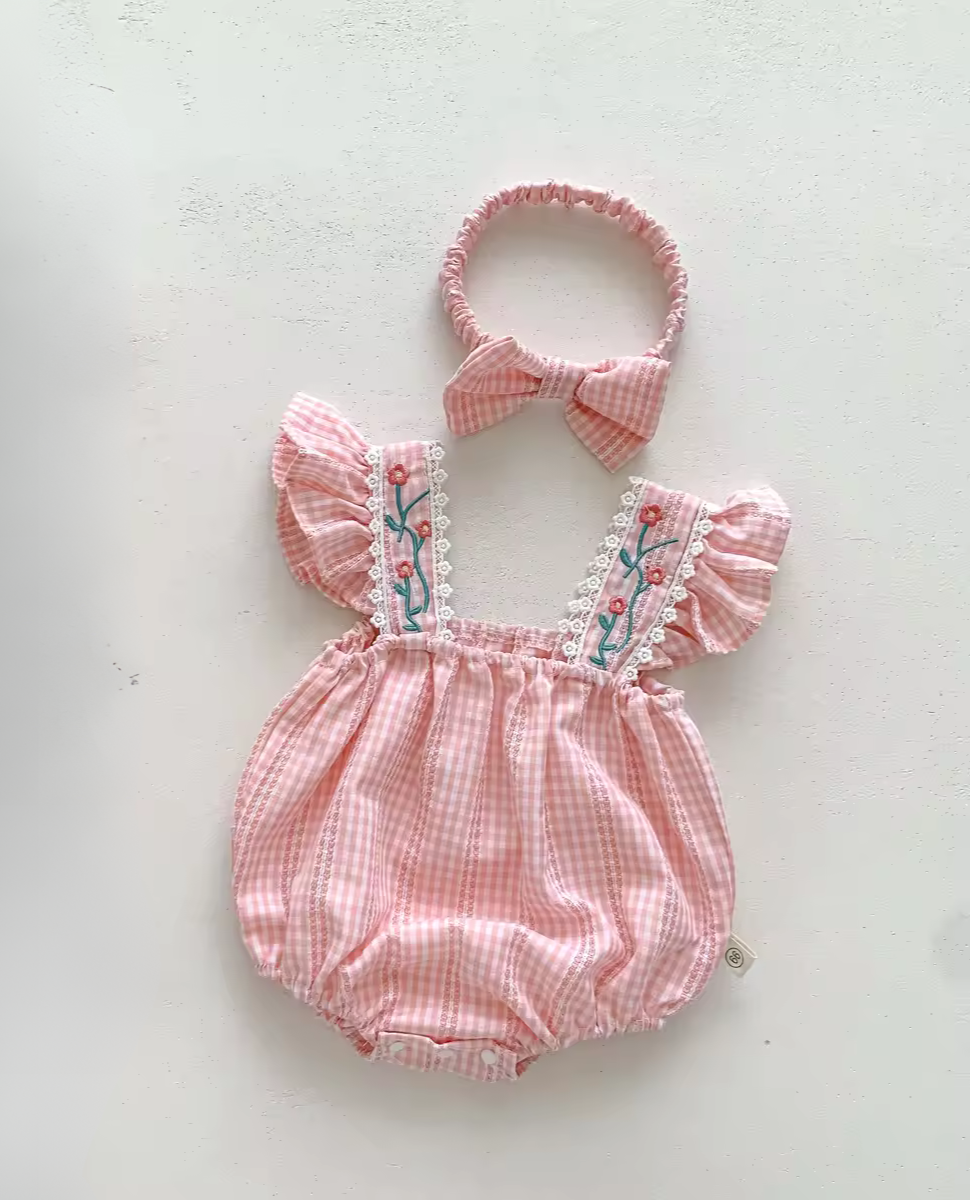 Baby Girl Embroidered Checker Romper with Hairband