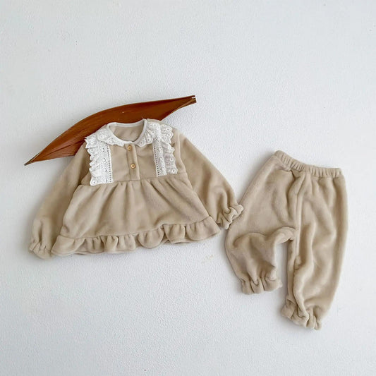 Warm and Cute Laced Velvet Fleece 2 piece Set