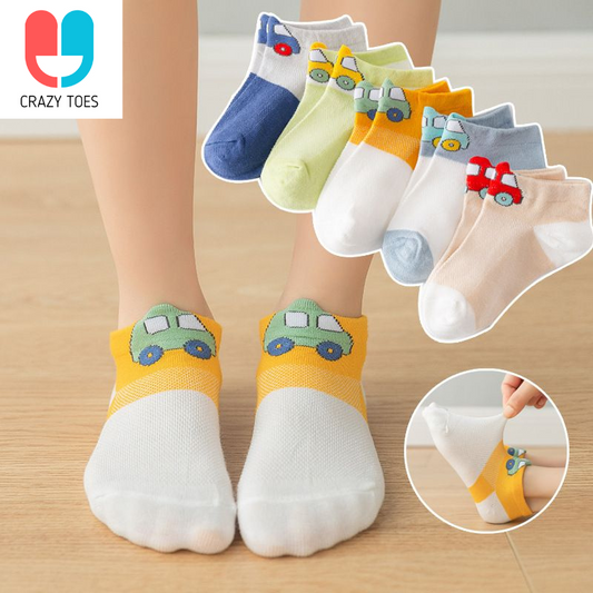 Comfortable, Breathable and Stylish Kid's Mesh Cotton Ankle Socks - Cars (Pack of 5)