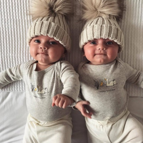 Thick Winter Baby Beanie Hats – Cable Knit with big Fur Pom-Pom