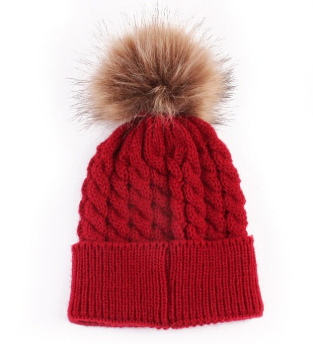 Thick Winter Baby Beanie Hats – Cable Knit with big Fur Pom-Pom