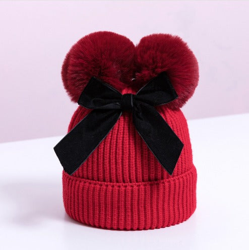 Double Fur Ball Baby Beanie Hat with Cute Bow