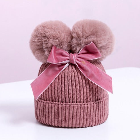 Double Fur Ball Baby Beanie Hat with Cute Bow