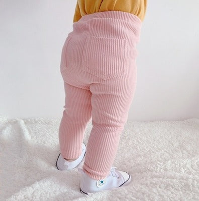 Breathable Cotton Ribbed Kids Pants - Baby Pink