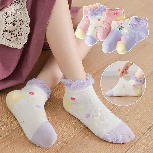 Breathable Mesh design Kid's Cotton Ankle Socks- Girls(Pack of 5)