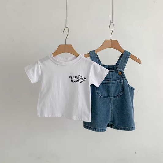 Trendy Boys Cotton 2pcs Sets with Denim Dungaree