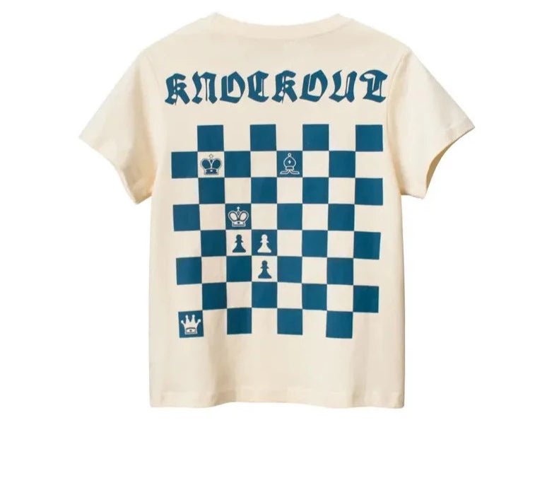 Kids Printed T-Shirts - Unisex 100% Cotton Off White Tee with Chess pattern - Crazy Toes ®